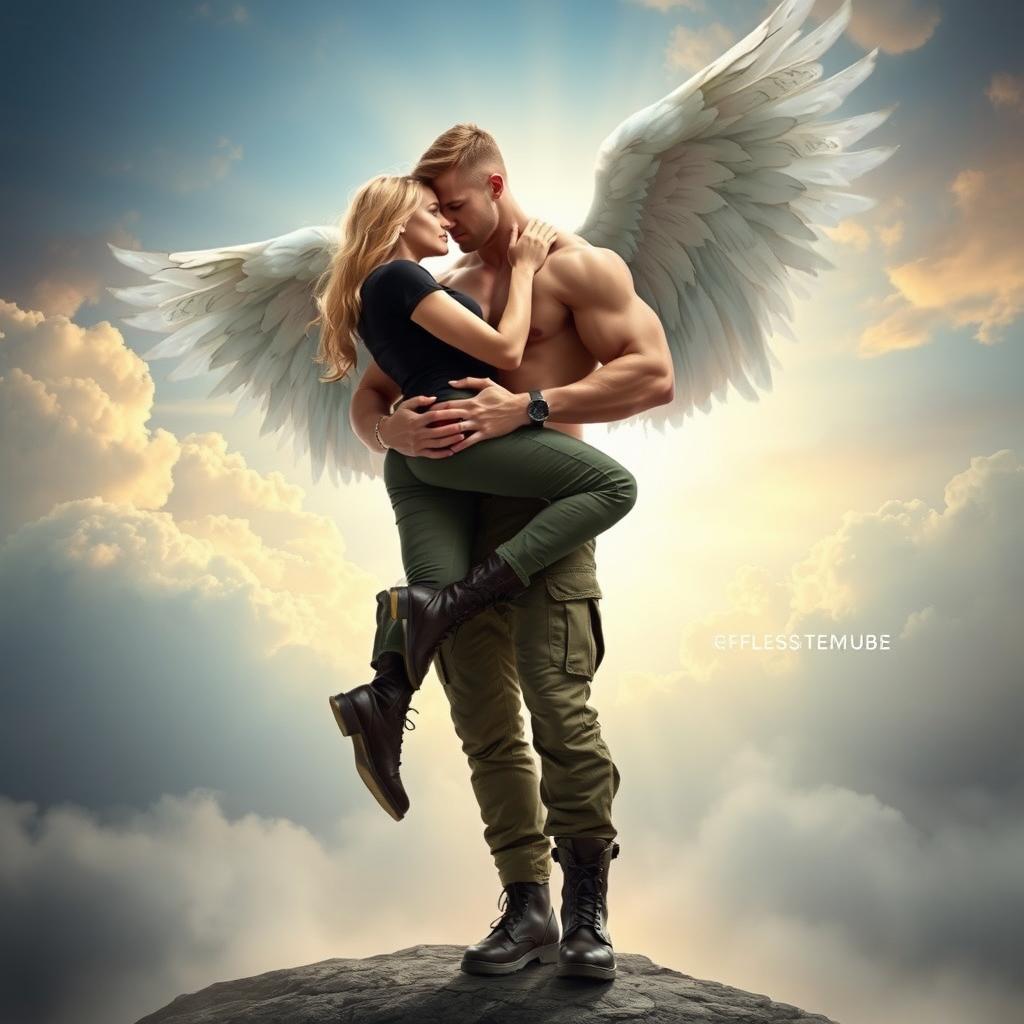 A beautiful blonde woman dressed in cargo pants, a sleek black shirt, and sturdy combat boots, is being held in a romantic bridal style by a muscular male angel