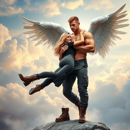 A beautiful blonde woman dressed in cargo pants, a sleek black shirt, and sturdy combat boots, is being held in a romantic bridal style by a muscular male angel