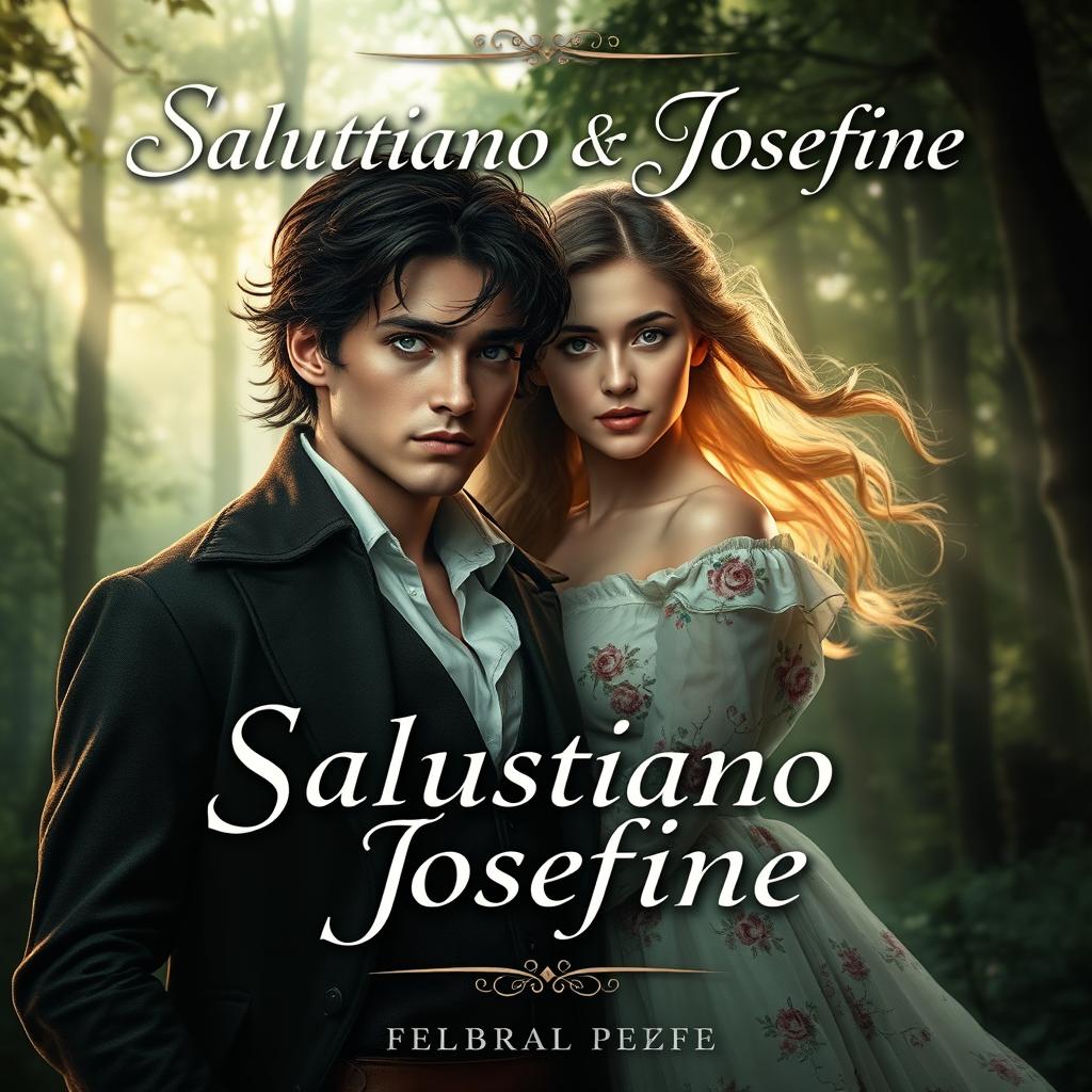 A captivating book cover for 'Salustiano & Josefine', featuring a romantic and mysterious atmosphere