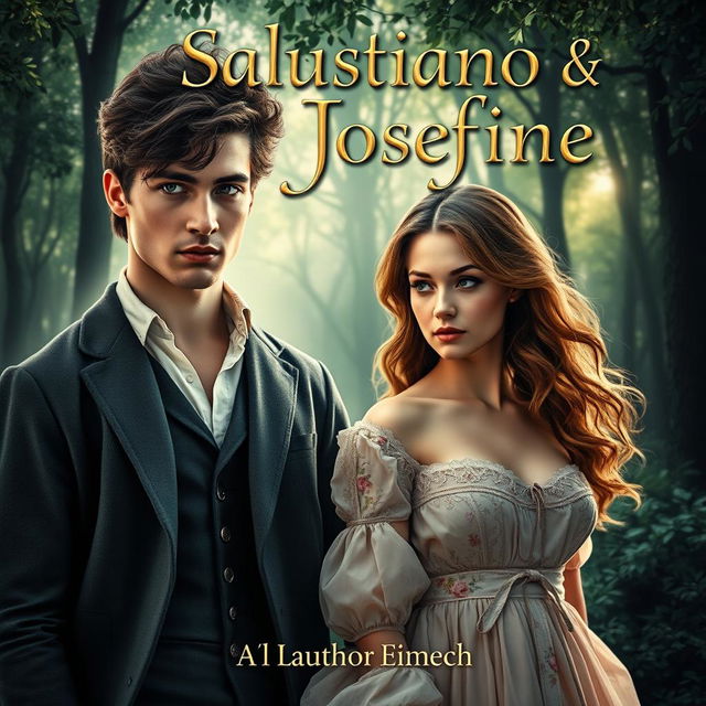 A captivating book cover for 'Salustiano & Josefine', featuring a romantic and mysterious atmosphere