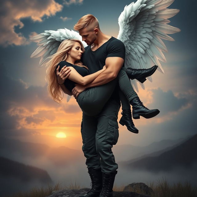 A captivating blonde woman dressed in cargo pants, a stylish black t-shirt, and rugged black combat boots, is cradled in a romantic bridal style by a powerful male angel