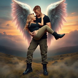 A captivating blonde woman dressed in cargo pants, a stylish black t-shirt, and rugged black combat boots, is cradled in a romantic bridal style by a powerful male angel