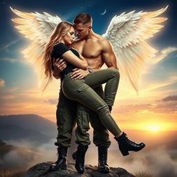 A captivating blonde woman dressed in cargo pants, a stylish black t-shirt, and rugged black combat boots, is cradled in a romantic bridal style by a powerful male angel