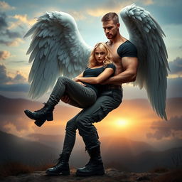 A captivating blonde woman dressed in cargo pants, a stylish black t-shirt, and rugged black combat boots, is cradled in a romantic bridal style by a powerful male angel