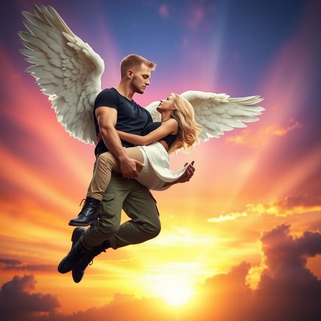 A striking blonde woman in cargo pants, a fitted black t-shirt, and rugged black combat boots is being held in a romantic bridal style by a powerful male angel