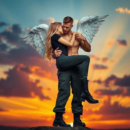 A striking blonde woman in cargo pants, a fitted black t-shirt, and rugged black combat boots is being held in a romantic bridal style by a powerful male angel