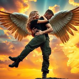 A striking blonde woman in cargo pants, a fitted black t-shirt, and rugged black combat boots is being held in a romantic bridal style by a powerful male angel