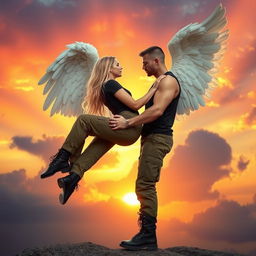 A striking blonde woman in cargo pants, a fitted black t-shirt, and rugged black combat boots is being held in a romantic bridal style by a powerful male angel