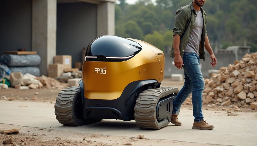 A golden and black debris-carrying robot emblazoned with the label 'PROG' is following a person walking in front of it