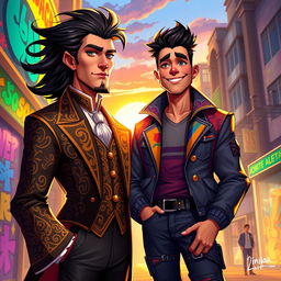 A vibrant and expressive digital painting highlighting two characters named Salustiano and Josem