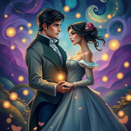 A vibrant and enchanting scene capturing the essence of Salustiano and Josefine, intertwined in a passionate moment under the soft glow of a whimsical, starry night
