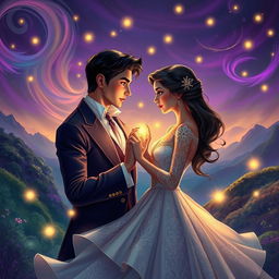 A vibrant and enchanting scene capturing the essence of Salustiano and Josefine, intertwined in a passionate moment under the soft glow of a whimsical, starry night