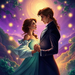 A vibrant and enchanting scene capturing the essence of Salustiano and Josefine, intertwined in a passionate moment under the soft glow of a whimsical, starry night