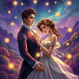A vibrant and enchanting scene capturing the essence of Salustiano and Josefine, intertwined in a passionate moment under the soft glow of a whimsical, starry night