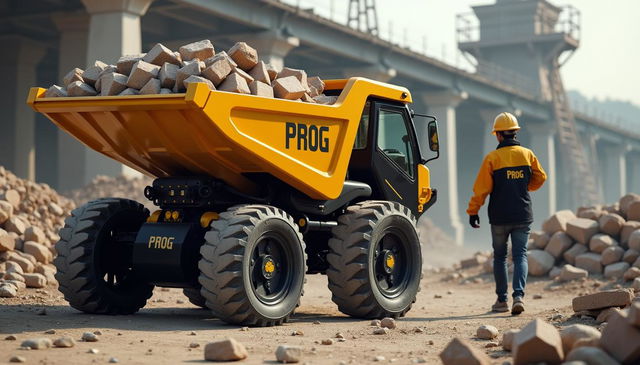 A dump truck robot in golden and black colors, with 'PROG' emblazoned on its side, is actively moving while carrying stones and bricks