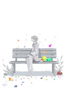 A character sitting on a bench surrounded by various colorful fragments