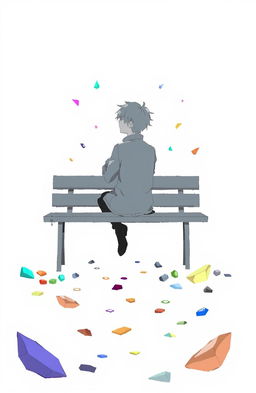 A character sitting on a bench surrounded by various colorful fragments