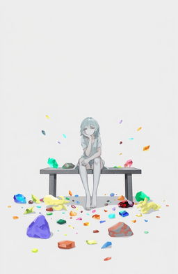 A character sitting on a bench surrounded by various colorful fragments