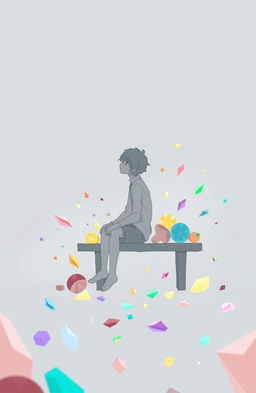 A character sitting on a bench surrounded by various colorful fragments