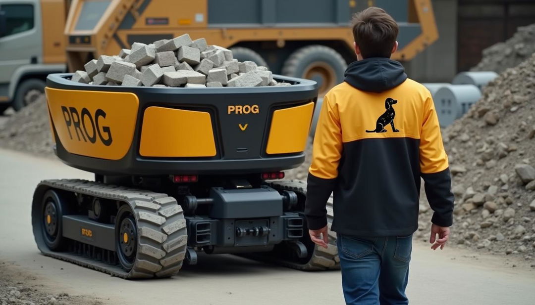 An automatic dumper robot, colored in golden and black, transporting stones and bricks, prominently labeled 'PROG'