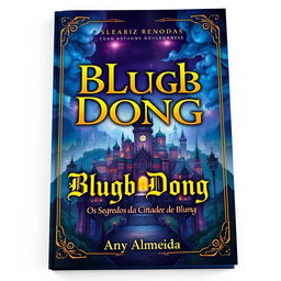 A captivating book cover design that showcases the title 'Blugb Dong' prominently in the center, featuring an enchanting cityscape with intricate architecture and a mystical atmosphere