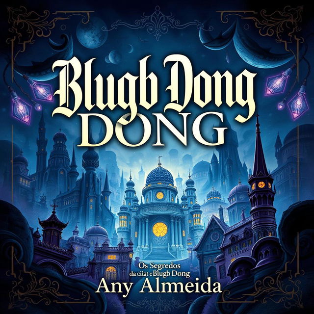 A captivating book cover design that showcases the title 'Blugb Dong' prominently in the center, featuring an enchanting cityscape with intricate architecture and a mystical atmosphere