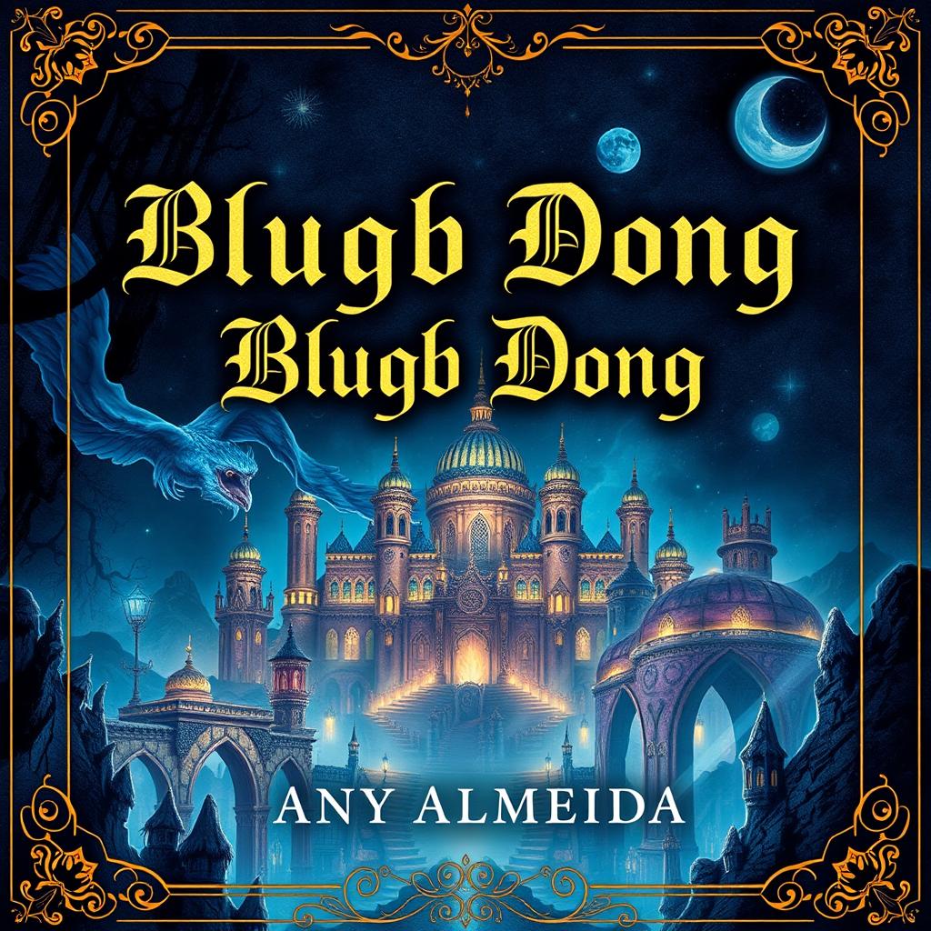 A captivating book cover design that showcases the title 'Blugb Dong' prominently in the center, featuring an enchanting cityscape with intricate architecture and a mystical atmosphere