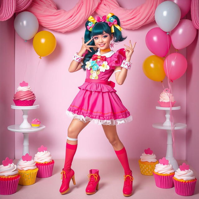 A stylish character dressed in vibrant, feminine clothing, showcasing a playful blend of traditional and modern sissy fashion, including a frilly dress, knee-high socks, and colorful accessories