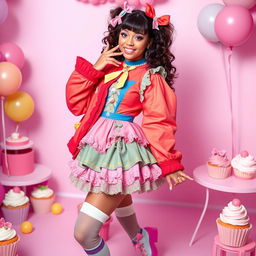 A stylish character dressed in vibrant, feminine clothing, showcasing a playful blend of traditional and modern sissy fashion, including a frilly dress, knee-high socks, and colorful accessories