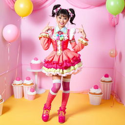 A stylish character dressed in vibrant, feminine clothing, showcasing a playful blend of traditional and modern sissy fashion, including a frilly dress, knee-high socks, and colorful accessories