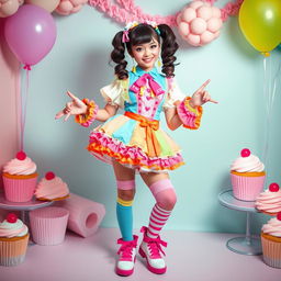A stylish character dressed in vibrant, feminine clothing, showcasing a playful blend of traditional and modern sissy fashion, including a frilly dress, knee-high socks, and colorful accessories
