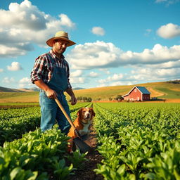 A serene farmland landscape featuring a diligent farmer tending to vibrant crops