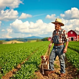 A serene farmland landscape featuring a diligent farmer tending to vibrant crops