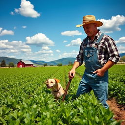 A serene farmland landscape featuring a diligent farmer tending to vibrant crops