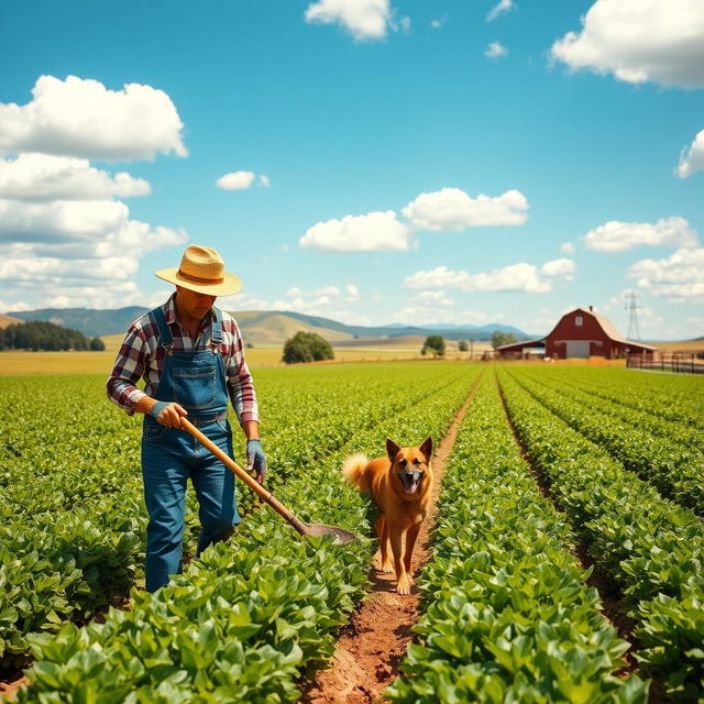 A serene farmland landscape featuring a diligent farmer tending to vibrant crops