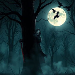 A dark, eerie forest at night, illuminated by a full moon casting haunting shadows