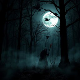 A dark, eerie forest at night, illuminated by a full moon casting haunting shadows