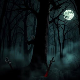 A dark, eerie forest at night, illuminated by a full moon casting haunting shadows