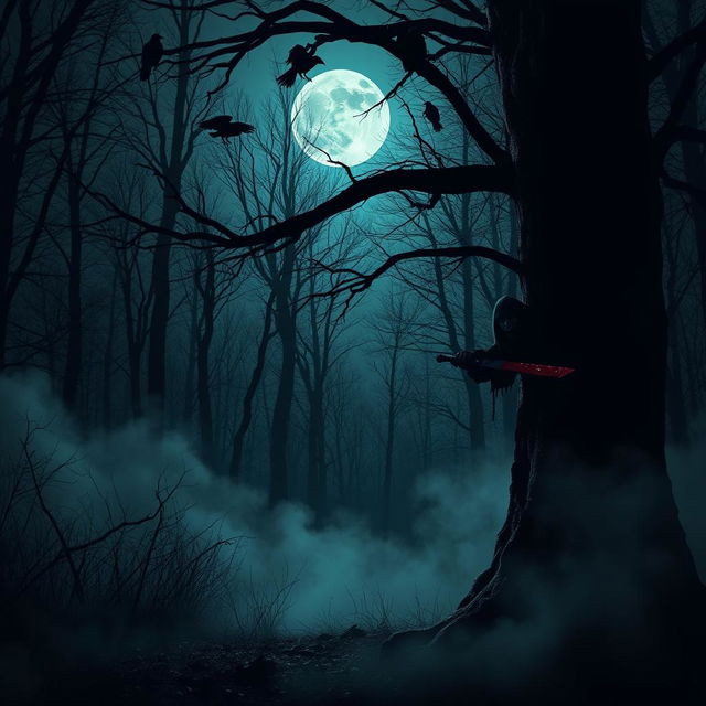 A dark, eerie forest at night, illuminated by a full moon casting haunting shadows