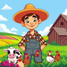 A pixel art depiction of a farmer in a vibrant, cartoonish style