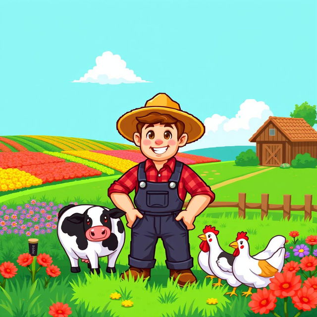 A pixel art depiction of a farmer in a vibrant, cartoonish style