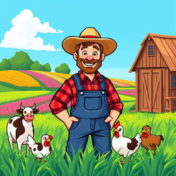 A pixel art depiction of a farmer in a vibrant, cartoonish style