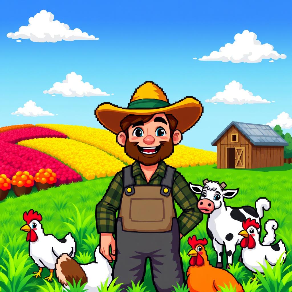 A pixel art depiction of a farmer in a vibrant, cartoonish style