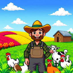 A pixel art depiction of a farmer in a vibrant, cartoonish style