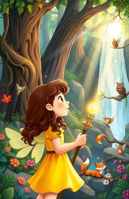 A vibrant and imaginative illustration for a middle-grade book cover, featuring a magical forest filled with whimsical creatures and colorful plants