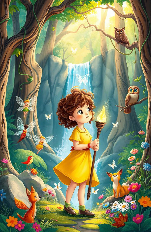 A vibrant and imaginative illustration for a middle-grade book cover, featuring a magical forest filled with whimsical creatures and colorful plants