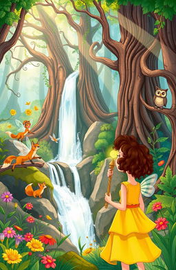 A vibrant and imaginative illustration for a middle-grade book cover, featuring a magical forest filled with whimsical creatures and colorful plants