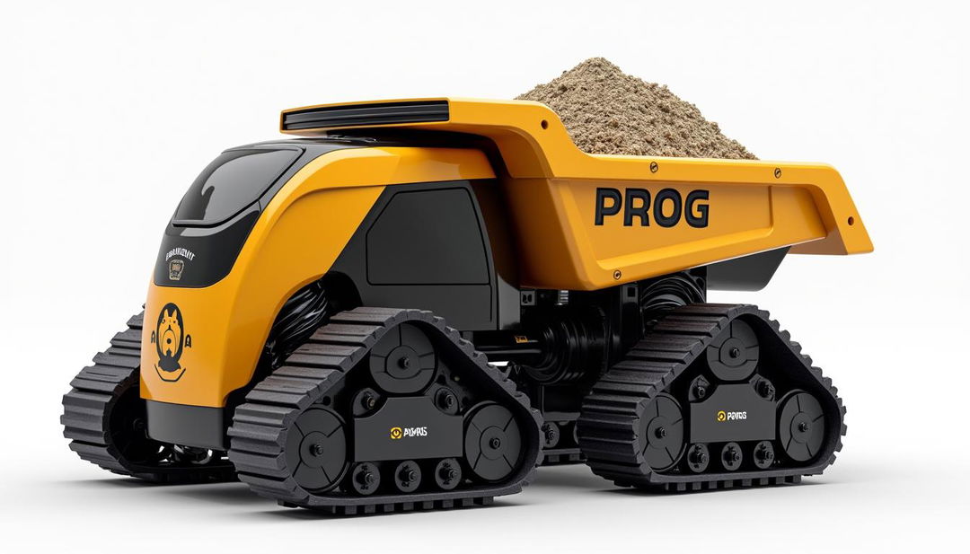 An automatic dump truck robot designed for carrying debris, featuring a striking golden and black color scheme with 'PROG' printed on its side and a logo of a cocker spaniel