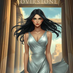A captivating book cover illustration featuring a woman with long, flowing black hair and striking green eyes