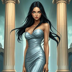 A captivating book cover illustration featuring a woman with long, flowing black hair and striking green eyes